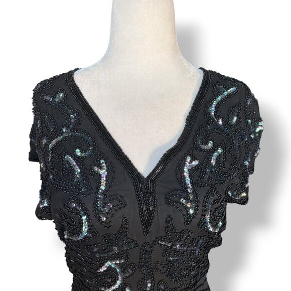 Vintage 80s Black Beaded Sequin Evening Gown Asymmetrical Hem Dress Column Maxi - Picture 2 of 10